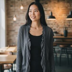 Eileen Fisher Gray Rayon Linen Open Ruffle Front Lightweight Cardigan, Large